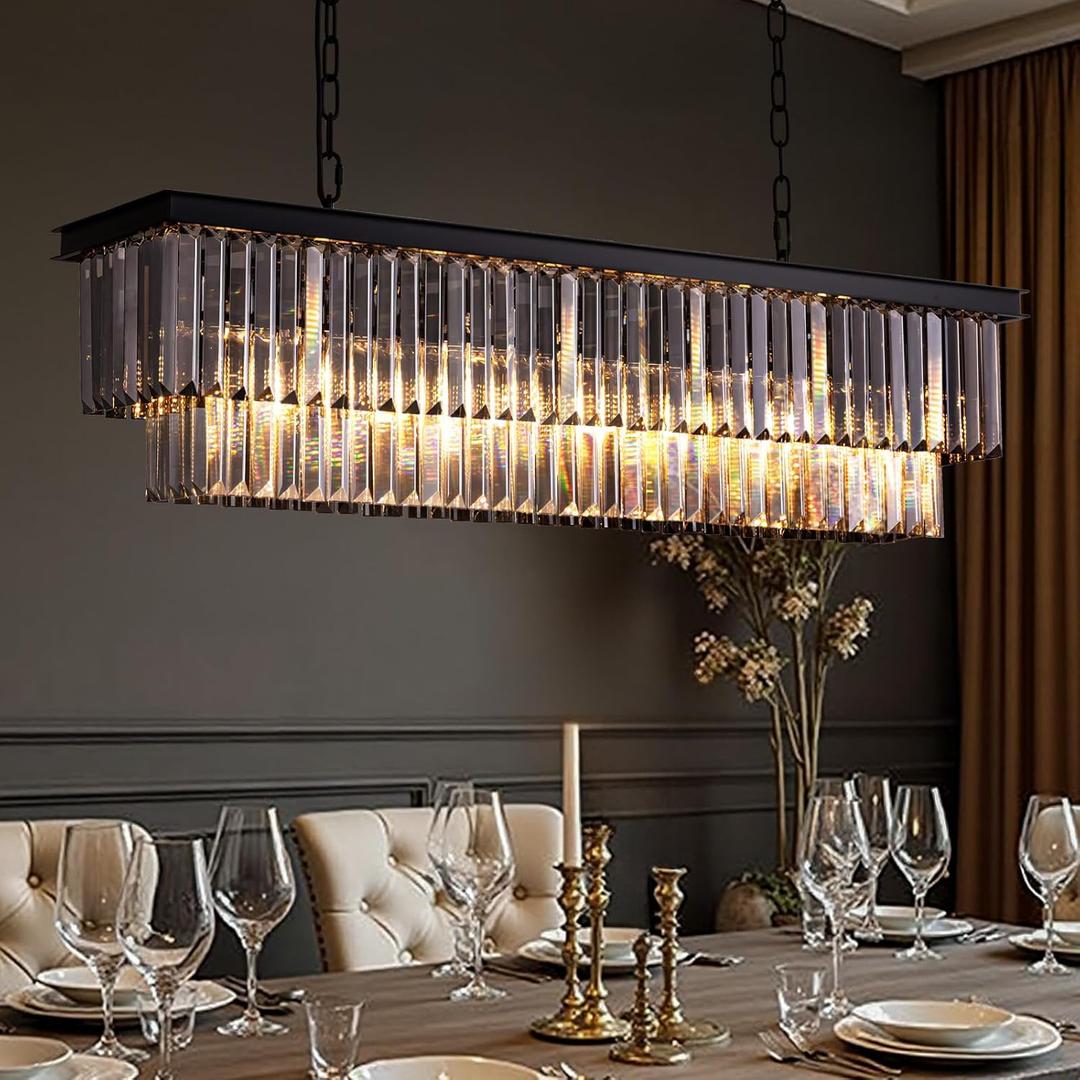 39-inch Rectangle Crystal Chandeliers for Dining Room,Hanging Ceiling Light for Kitchen Island,Smoky Gray K9 Crystal Pendant Lighting,59-inch Adjustable Wire,Matte Black Finish