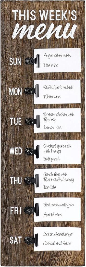 Dahey Menu Board for Kitchen Weekly Meal Planner Rustic Wood Board with Clips, Farmhouse Signs Wall Decor, Magnetic Chalkboard Display Fridge Decor, Brown, Small
