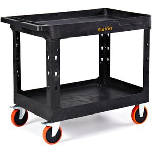 ELAFROS Extra Large Heavy Duty Utility Cart 39.9 x 24.6 Inch - Work Cart Big 2-Tier Plastic Rolling Service Cart with Deep Shelves, 6 Inch Casters, 550 lbs Capacity, Black