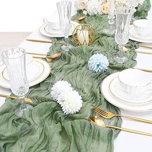 LuoluoHouse 7 pcs Sage Green Cheesecloth Table Runners 10FT Summer Boho Gauze Table Linens for Holiday Birthday Wedding Reception Rustic Table Decor