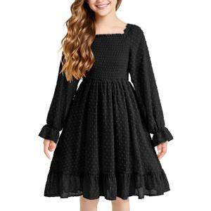 Cubear Girls Long Sleeve Dress Kids Ruffle Tiered Dress Swiss Dot A-Line Christmas Fall Winter Dress 6-15 Years (8-9 Years)