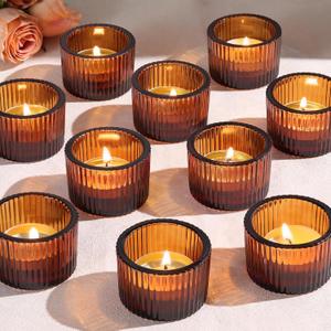 Tealight Candle Holder Set of 12, Amber Small Votive Candle Holders for Table Centerpiece,Glass Tea Light Candles Holder for Party&Home,Wedding Decor