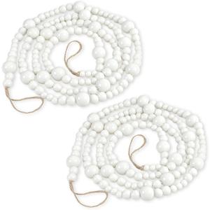 2PCS Christmas Wood Beads Garland 14.4 Feet Wooden Bead Garland Boho Ornaments for Christmas Tree, Xmas Vintage Rustic Farmhouse Round Craft Bead Hanging Holiday Decorations(White) (2pcs 7.2Ft)