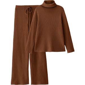 LILLUSORY Women's 2 Piece Outfits Turtleneck Sweaters Lounge Set and Wide Leg Pants Cozy Knit Sweatsuit Sets, L