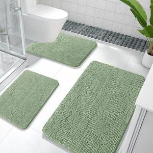 OLANLY Bathroom Rugs Sets 3 Piece, Soft Absorbent Chenille Bath Mats and U-Shaped Contour Toilet Rug, Quick Dry, Home Decor Accessories, Bath Mat Set for Bathroom (36"x24"+24"x16"+24"x20", Sage Green)