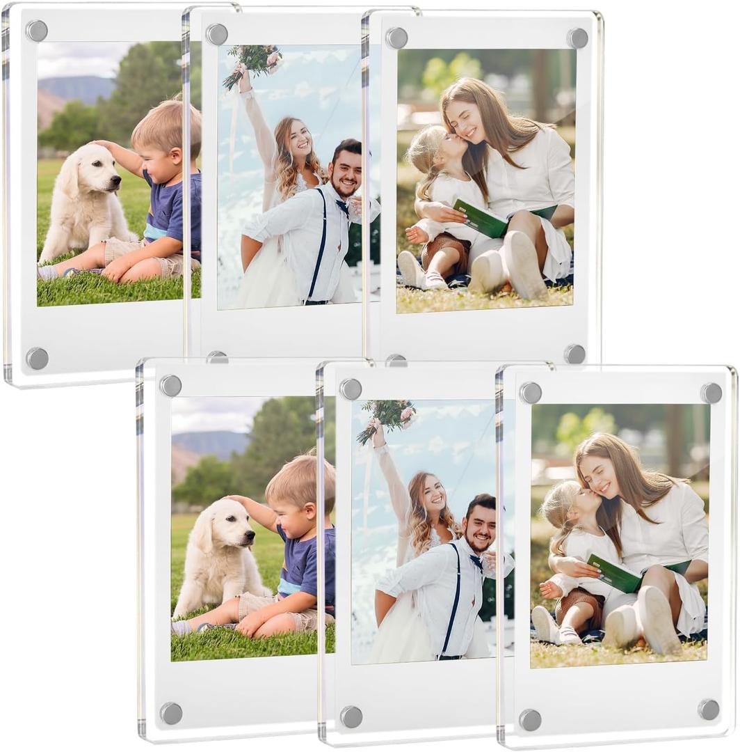 TWING Acrylic Fridge Magnetic Picture Frames 6 Pack, 2.4 x 3.5 in Magnet Photo Frames, Double Sided Photo Refrigerator Magnet Mini Frame for Fujifilm Instax, Polaroid Photos Holder with Cloth