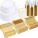 I00000 700Pcs Gold Dinnerware Set for 100 Guests,Plastic Plates for Party,Include:100 Dinner Plates,100 Dessert Plates,100 Paper Napkins,100 Cups,100 Gold Plastic Silverware Set for Wedding and Party