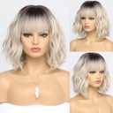 Short Ombre Blonde Bob Wigs for Women Wavy Blonde Wig with Bangs Ash Blond Wig Synthetic Hair Water Wave Medium Length Colorful Wigs14 Inches