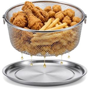 Air Fryer Basket & Rack - 18/8 Food-Grade Stainless Steel, Multi-Use Steamer for Instant Pot, Replacement Combo with Drip Tray & Double Hanging Loops, German Craftsmanship, Deep Style