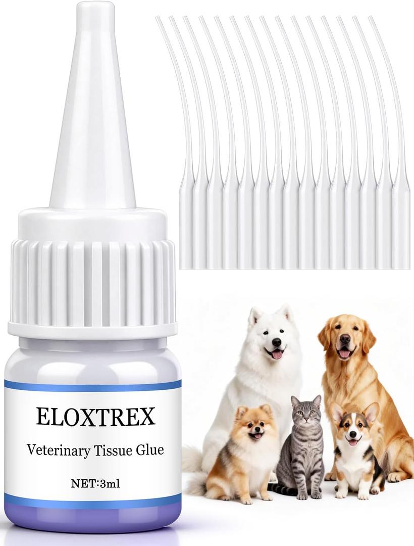 Veterinary Surgical Skin Glue 3ml, Strong Surgical Adhesive with 15 Precise Applicators, Blue-Tinted Pets Tissue Wound Glue, Fast-Acting Waterproof Wound Sealant for Dogs Cats