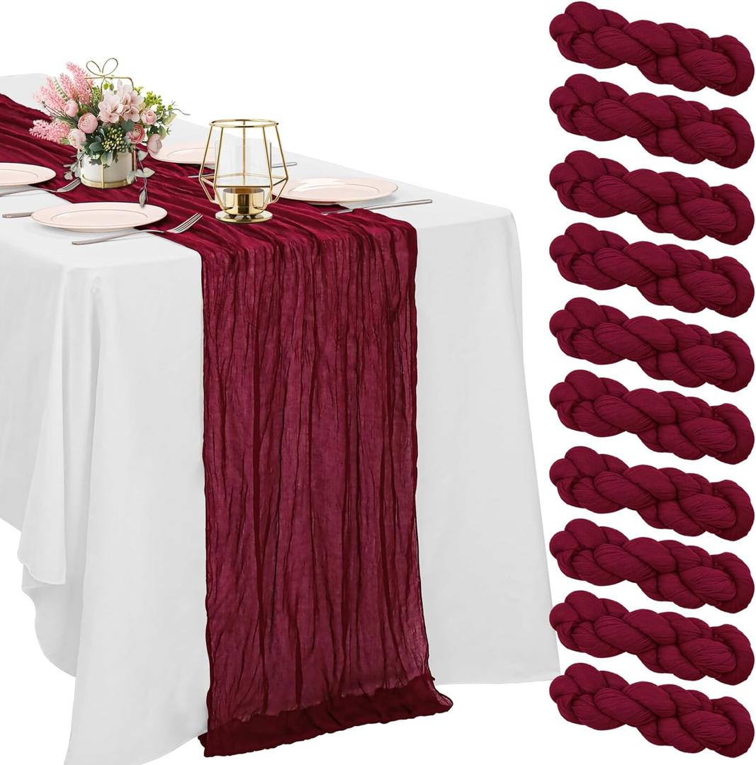 10 Pack Burgundy Cheesecloth Table Runner 10FT Boho Gauze Fabric Table Runner Vintage Rustic Sheer Runners for Wedding Party Bridal Baby Shower Long Table Decorations (21"x120")