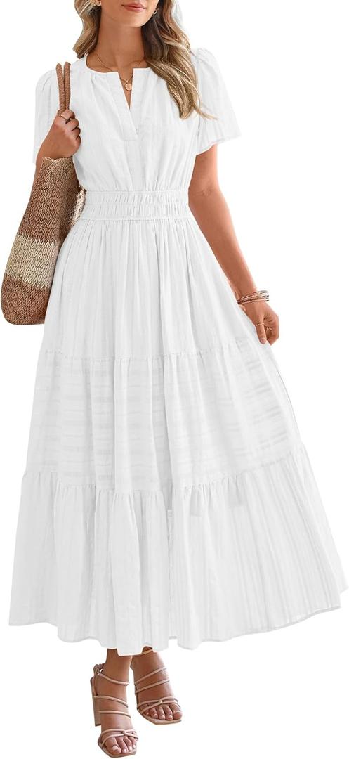 BTFBM Womens Summer 2026 Casual Midi Maxi Dresses Lightweight Short Sleeve V Neck Elastic Waist Boho Beach Dress Pockets (Large, White)