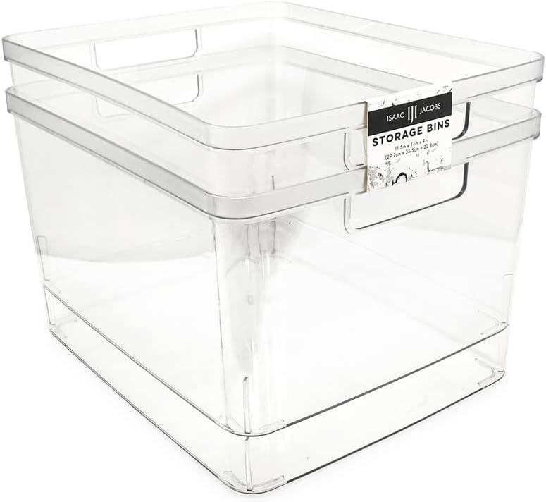 Isaac Jacobs 2-Pack Extra-Large Clear Storage Bins (11.5 L x 14 W x 9 H) w/Cutout Handles, Plastic Organizer for Home, for Kitchen, Fridge, Pantry, BPA Free, Food Safe (2-Pack, Extra-Large)