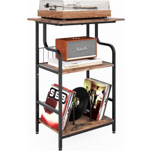 Record Player Stand, 3-Tier Record Player Table, Vinyl Record Storage with Extra-Large Desktop, Turntable Stand End Table for Vinyl Record, Record Holder for Living Room - Rustic Brown