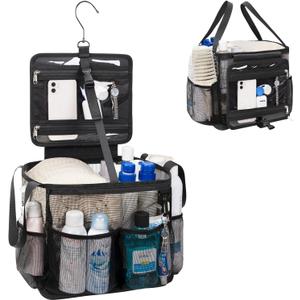 Mesh Shower Caddy Portable, Quick Dry Hanging Toiletry Bag for College Dorm Essentials with 4 Pockets/Divider/Plastic Bottom, Travel Tote Bag for Camping, Bathroom, Beach, Swimming, Gym (Large12.2"L  8.2"W  10.6"H, Black)
