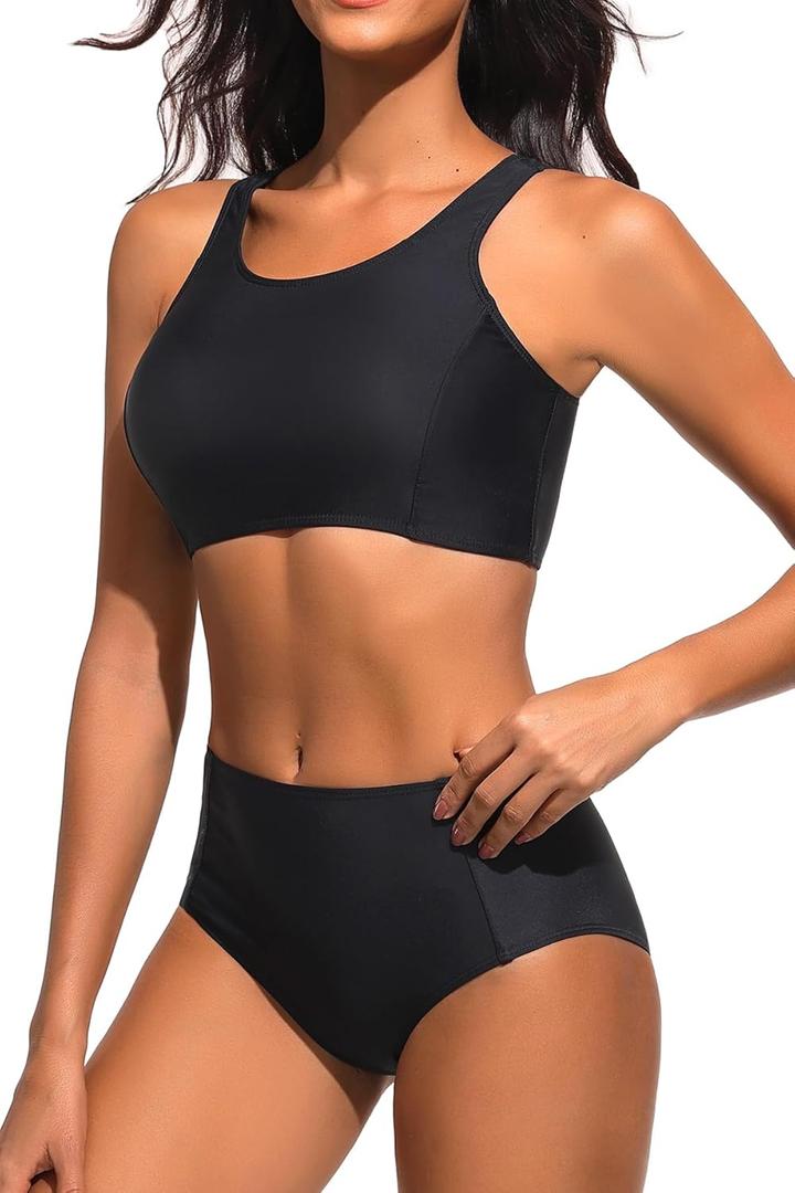 Tempt Me Women Two Piece High Waisted Bikini Set Sporty Swimsuits Bathing Suit with Bottom for Teen Girls (Small, Black)
