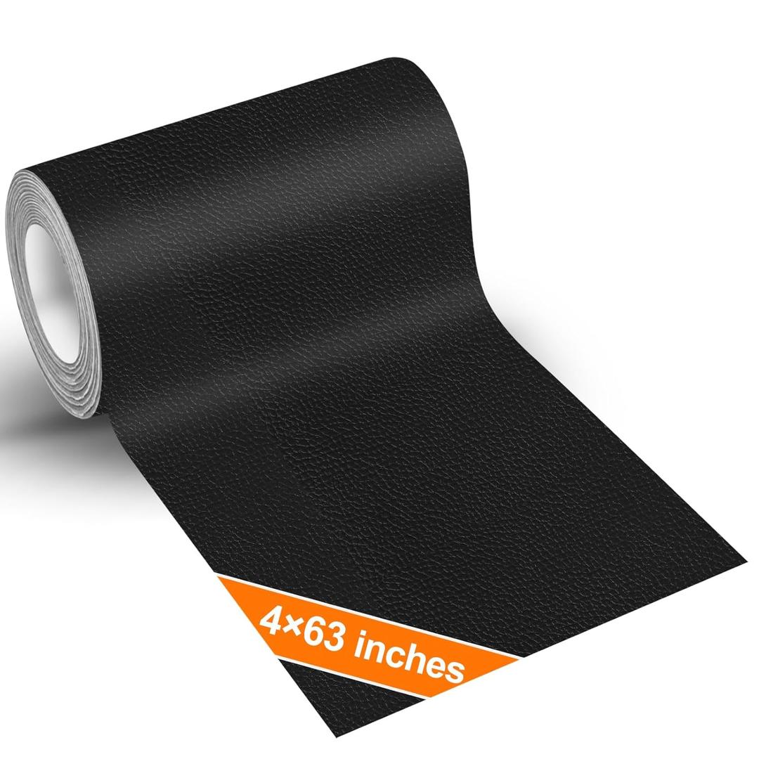 Leather Repair Patch Tape, Self Adhesive Vinyl Kit for Furniture 4x63in | Strong Black Faux Leather Repair Patches, Perfect for Car Seat, Couch, Upholstery, Chair, Sofa, Boat, Easy Peel‑and‑Stick