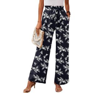 Heymoments Women's Wide Leg Lounge Pants with Pockets Lightweight High Waisted, Adjustable Tie Knot Loose Trousers, Large 