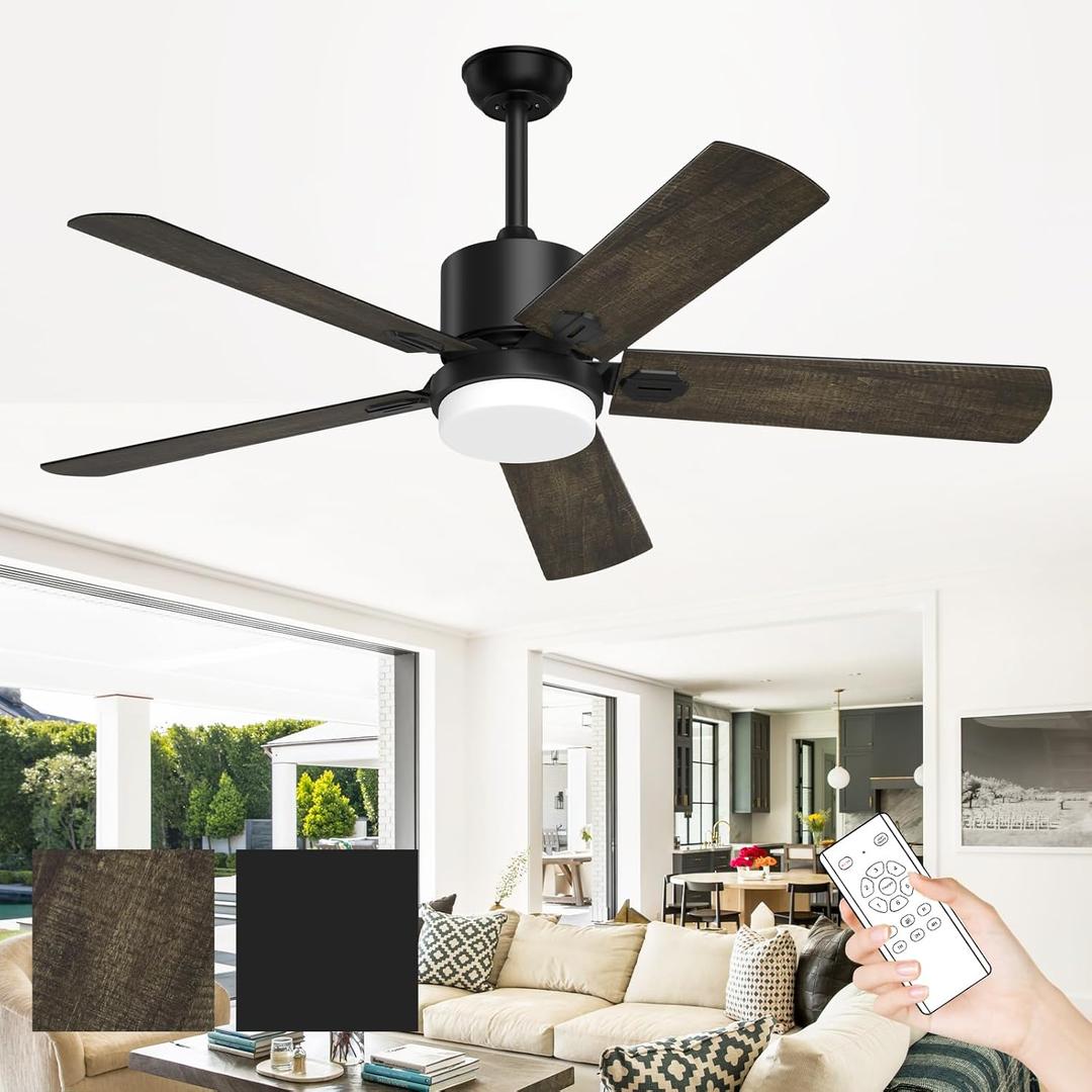 Obabala 52 Inch Ceiling Fans with Lights and Remote, 5 Blades Ceiling Fan with 6 Speeds, Reversible DC Motor, Outdoor Black Fan with Lights for Patio Farmhouse Bedroom