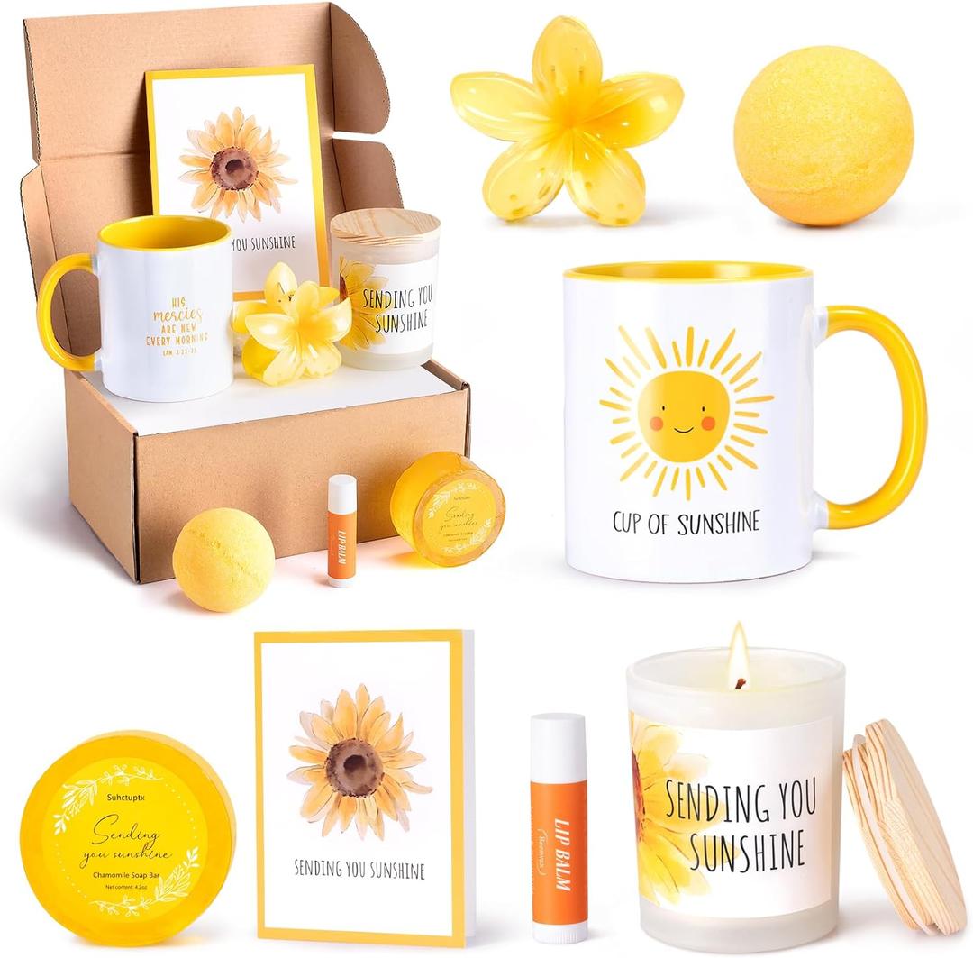 Get Well Soon Gift Basket for Women, Sending Sunshine Box Thinking of You Gifts for Women After Surgery Recovery Feel Better Birthday Gifts Christmas Set with Scented Candle Coffee Mug