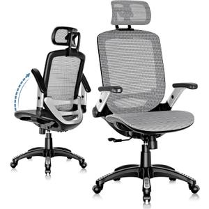 GABRYLLY Ergonomic Office Chair, High Back Home Desk Chair with Headrest, Flip-Up Arms, 90-120 Tilt Lock and Wide Cushion, Big and Tall Mesh Chairs for Man Woman, Grey Task Chair