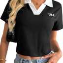 Remidoo Women V Neck T Shirts Polo Short Sleeve Crop Top Embroidered Cropped Collared Shirt Black Small