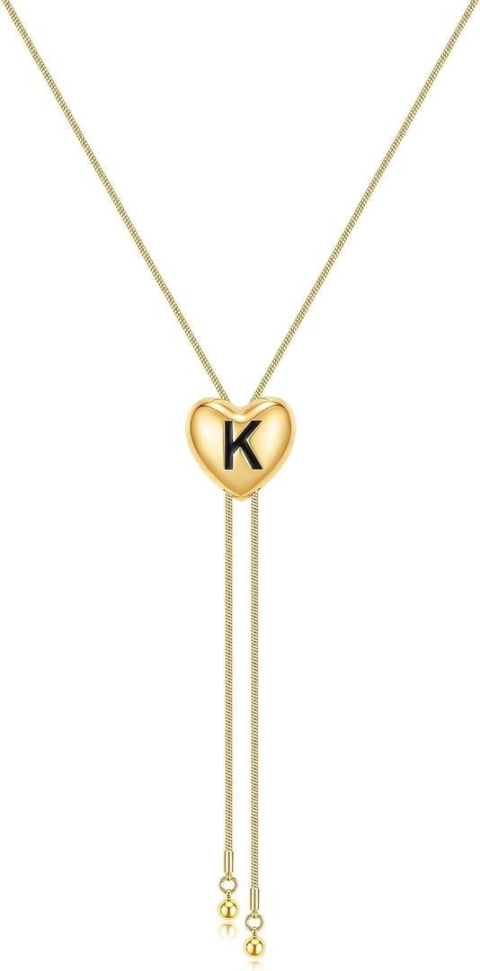 Personalized Initial Heart Pendant Necklace for Women, Long Y Necklace, Adjustable Sliding Lariat Necklace, Letter Necklace K , Gift for Daily Wear, Office, Party, Vacation