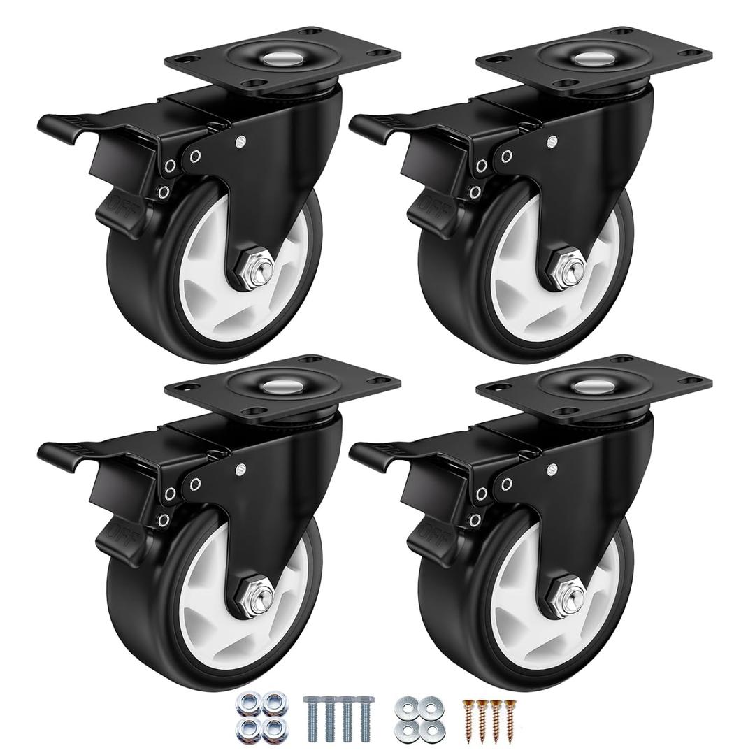 4 Inch Caster Wheels, Casters Set of 4, ASHGOOB Casters with Brake Heavy Duty 1400 Lbs, Industrial Locking Swivel Top Plate Castor Wheels for Workbench/Furniture/Cart.AB Switch, Double Pedal Brake