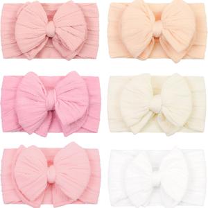 CLLOT 6 Pcs Super Stretchy Soft Handmade Headbands with Double Bows Head Wrap Nylon Hair Accessories For Newborn Baby Girls Infant Toddlers Kids(Pink)