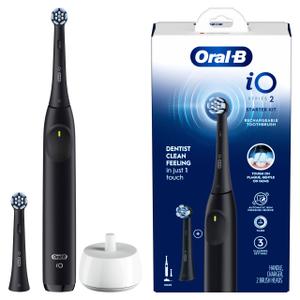 OralB iO Series 2 Rechargeable Electric Powered Toothbrush Starter Kit, Night Black with 2 Brush Heads  Automatic Pressure Sensor to Protect Gums  3 Modes  2 Min Timer