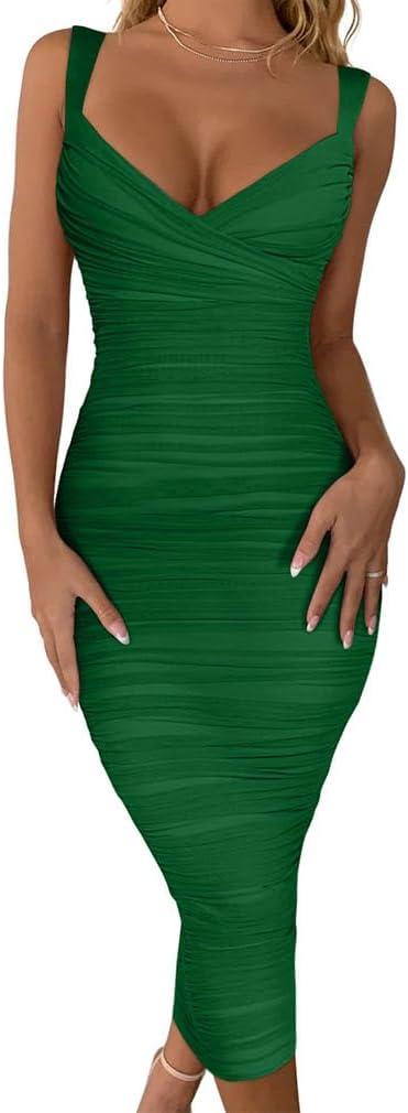 BEAGIMEG Women's Sexy Bodycon Sleeveless Ruched Mesh Club Party Midi Dress (Medium, Darkgreen)