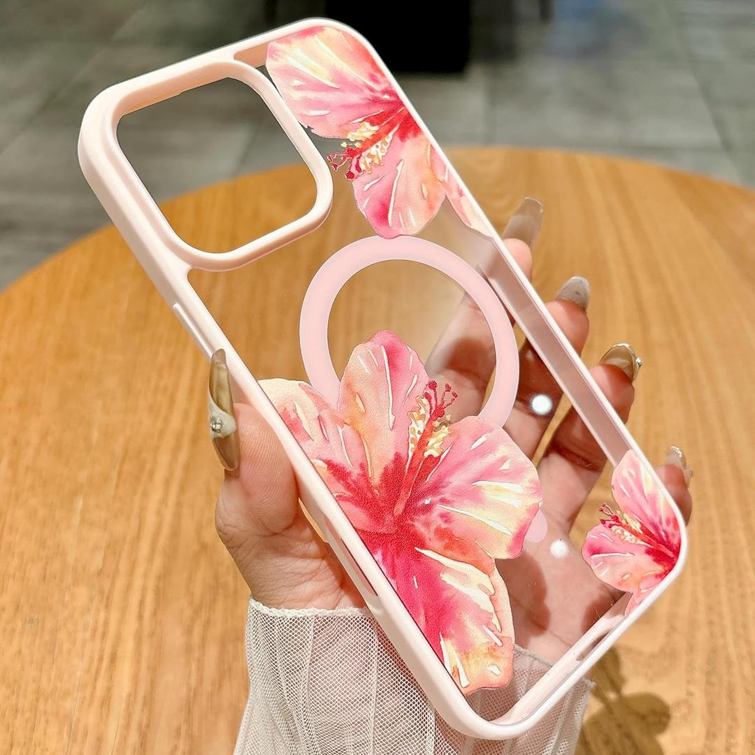 Magnetic for iPhone 13 Case & iPhone 14 Case [Compatible with MagSafe] Cute Trendy Hibiscus Flower Pattern Design for Summer Hawaiian, Shockproof Protective Cover for Girls Women-Pink