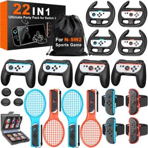 Switch 2 Sports Accessories Bundle 22 in 1 Family Party Kit for Nintendo Switch 2 Only, with Tennis Rackets, Steering Wheels, Wrist Straps, Grips, Joystick Caps, Card Case & Storage Bag