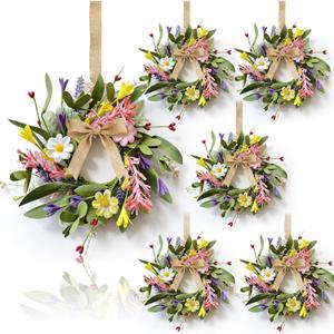 6 Pcs Small Spring Hanging Wreaths for Cabinets with Pink White Daisy Flower Mini Artificial Purple Wild Flower Summer Floral Candle Rings Wreath for Home Kitchen Front Door Window Porch Wall Wedding