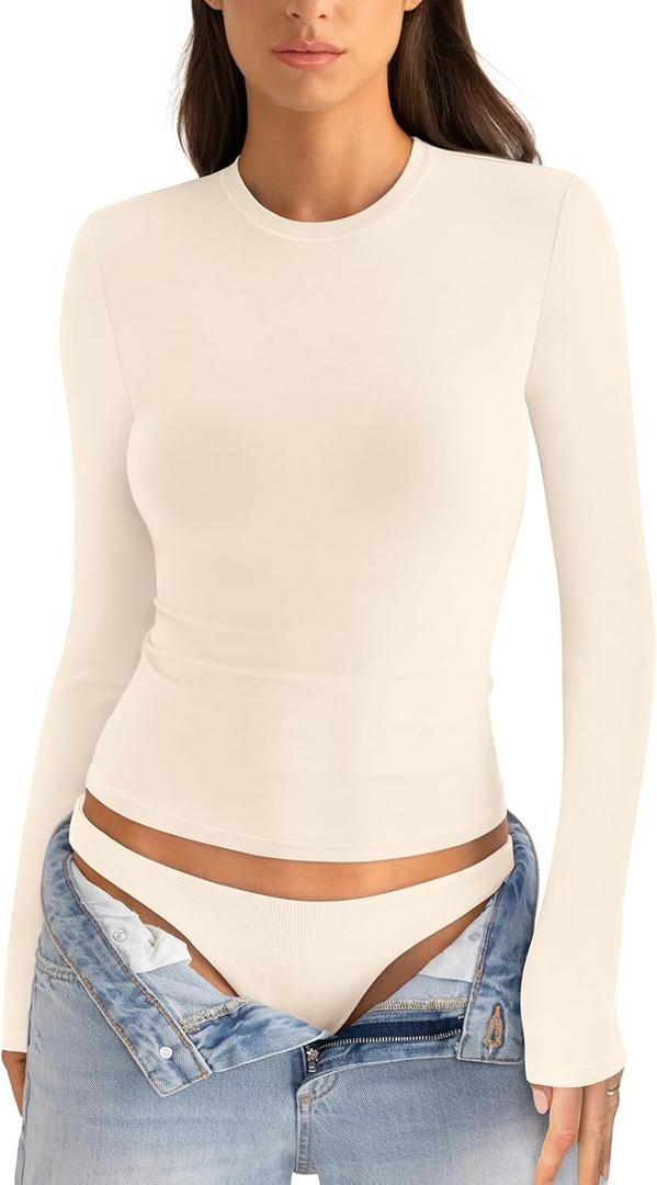 Womens Cotton Long Sleeve Shirts Crew Neck Fitted Basic Going Out Outfits Undershirt Spring Fall Clothes 2025 (Large, Cream White)