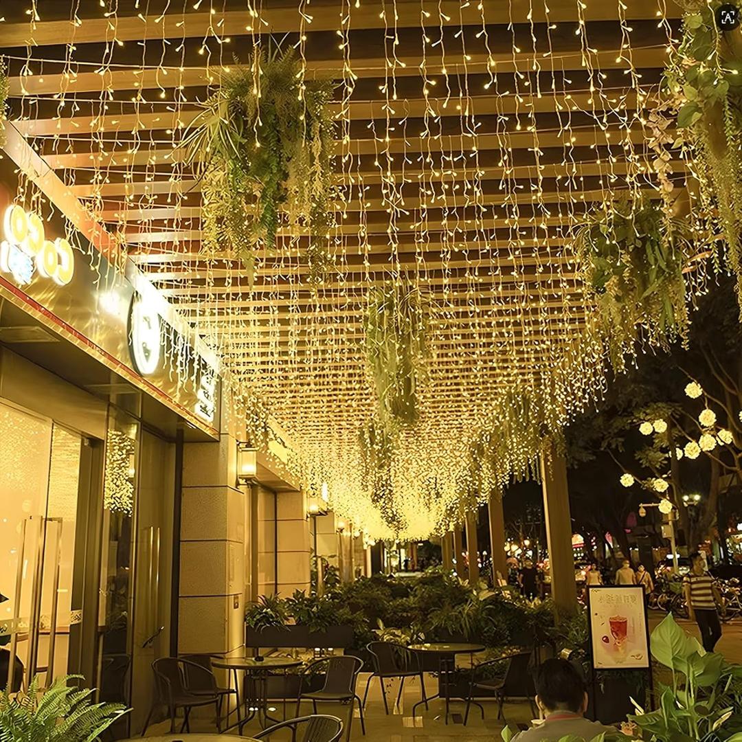 Icicle Lights, 16.4 FT 120 LED 8 Modes, Fairy Hanging Ceiling Twinkle Connectable Waterfall String Lights for Indoor Christmas Eaves Balcony Business Outdoor Decor, Warm White, 5M06 (16.4FT-Dropping 23.6IN)