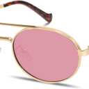 Rmerom Retro Oval 90s Metal Sunglasses for Women, 2026 Trendy Chic Narrow Gold Sun Glasses Fashion Sunnies (Gold Frame - Pink Lens)