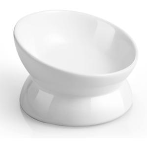 LoeJan Elevated Cat Food Bowl, 5 Oz Ceramic Raised and Tilted Water Bowl, Anti Vomiting and Protect Pets' Spines Dishes for Small Dog, Fat Faced Cat, Kitten (White, 1 Pack)