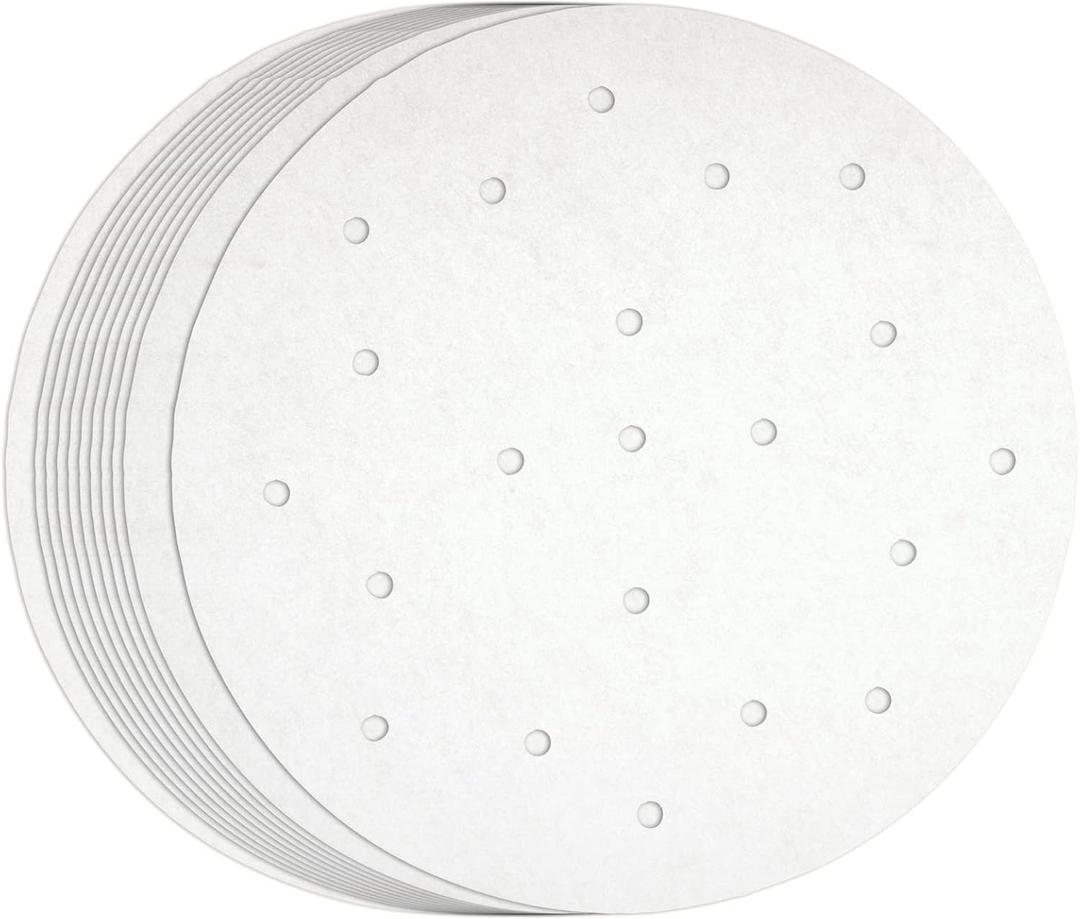 Juvale Round Air Fryer Liners with Holes - 8-Inch Parchment Paper Disposable, Dumpling Paper - Perforated Bamboo Steamer Liner Sheets for Air Frying, Steaming, and Baking (White) - 100 Pack