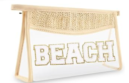 2 Pcs Boho Straw Clear Makeup Letter Pouch, Sunscreen SPF Bag Pouch, Waterproof Beach Toiletry Bag Accessories for Women