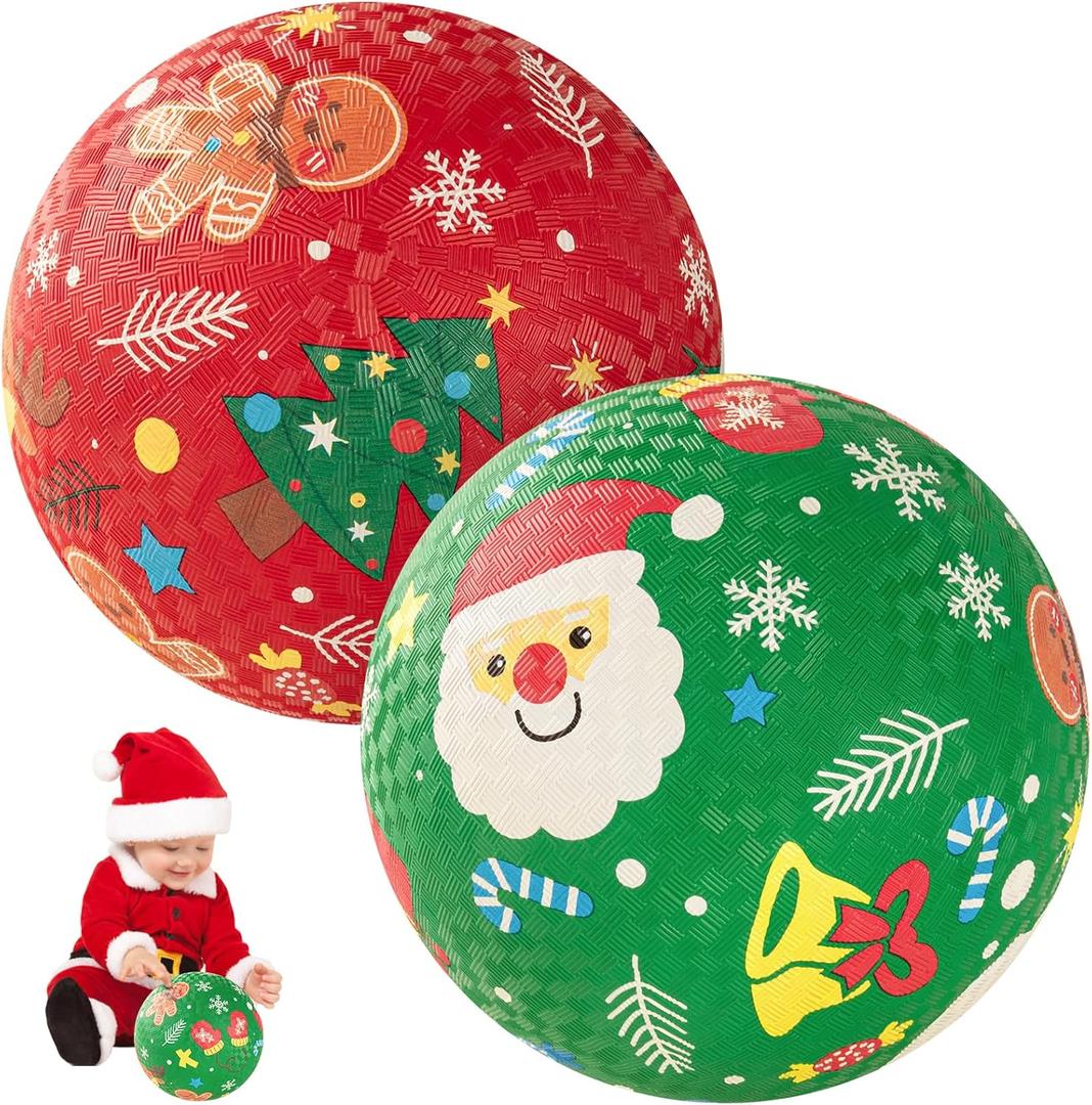 PlayZap 2 Pack Playground Balls for Kids, Christmas Kickballs for Toddlers, 8.5 in Rubber Balls with Pump, Indoor & Outdoor Dodgeball Toys for Boys & Girls Gifts (Red+green-christmas Style)