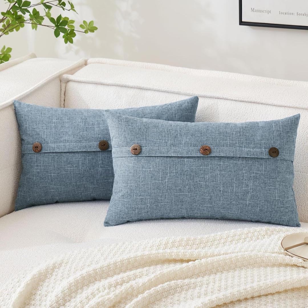 MIULEE Set of 2 Decorative Linen Throw Pillow Covers Cushion Case Triple Button Vintage Farmhouse Pillowcase for Couch Sofa Bed 12 x 20 Inch Sky Blue