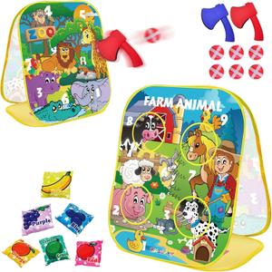 3-in-1 Farm Animals Bean Bags Toss Axes Throwing Sticky Balls Game for Kids 2 3 4 5 Years Old Toddlers Indoor Outdoor Sports Toys Gifts for Boys Birthday Valentines Easter Christmas Stocking Stuffer (Farm&Zoo)