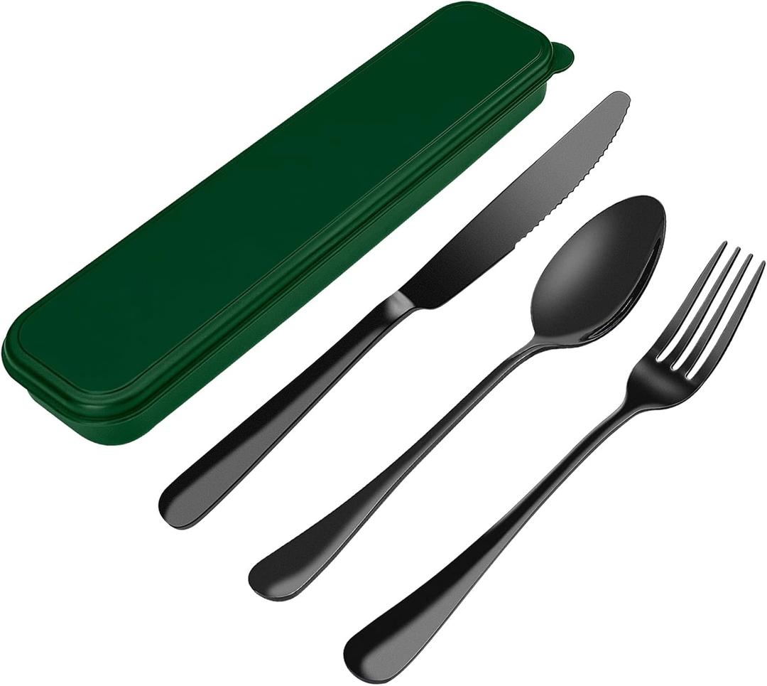 Portable Cutlery Set With Case - 18/8 Stainless Steel Spoon and Fork for Lunch Box, 3 PCs Silverware Ideal for Travel, Camping, Office (black,green)