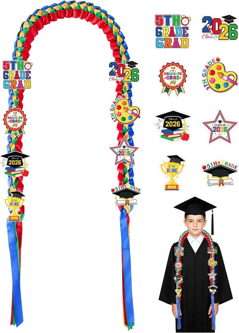 5th Grade Graduation Lei, Class of 2026 Braided Ribbon Leis with Pins, 5th Grade Graduation Gifts for Boys Girls Kids Fifth Grade Graduation Party Favors Supplies