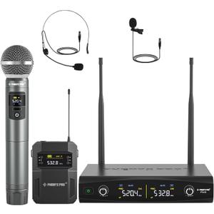 Phenyx Pro Wireless Microphone System,Metal Wireless Mic Set w/Handheld/Bodypack/Headset/Lapel Mics,2 x 30 UHF Frequencies, 200 ft Range, Cordless Mic for Singing, Karaoke, Church (PTU-52-1H1B)
