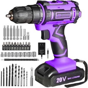 Purple Cordless Drill Set,20V Drill Driver with Battery and Charger,3/8-Inch Keyless Chuck, Variable Speed,with Drills Bits Set