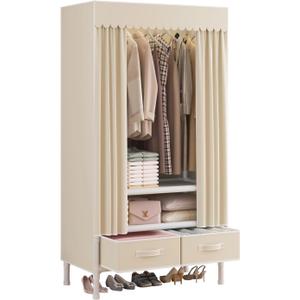 Portable Closets for Hanging Clothes,Clothes Rack with Cover,Portable Wardrobe Closet with 1 Hanging Rods, 2 Storage Shelves and 2 Drawers,27.5" L x 17.7" W x 67.7" H,Pale Yellow