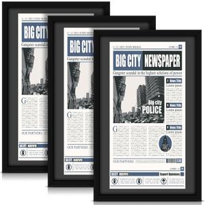 3 Pcs 11x22 in Newspaper Frame with Mat Assorted Media Article Cover Frame with Hanging Hardware 14x24 in Newspaper Display Poster Frame for Wall Decoration (Black Mat)