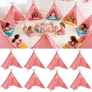 8 Pack Teepee Tent for Kids with Lights, Cotton Indoor Play Teepee with Pompom for Girls & Boys, Sleepover Tents for Boho Slumber Spa Party